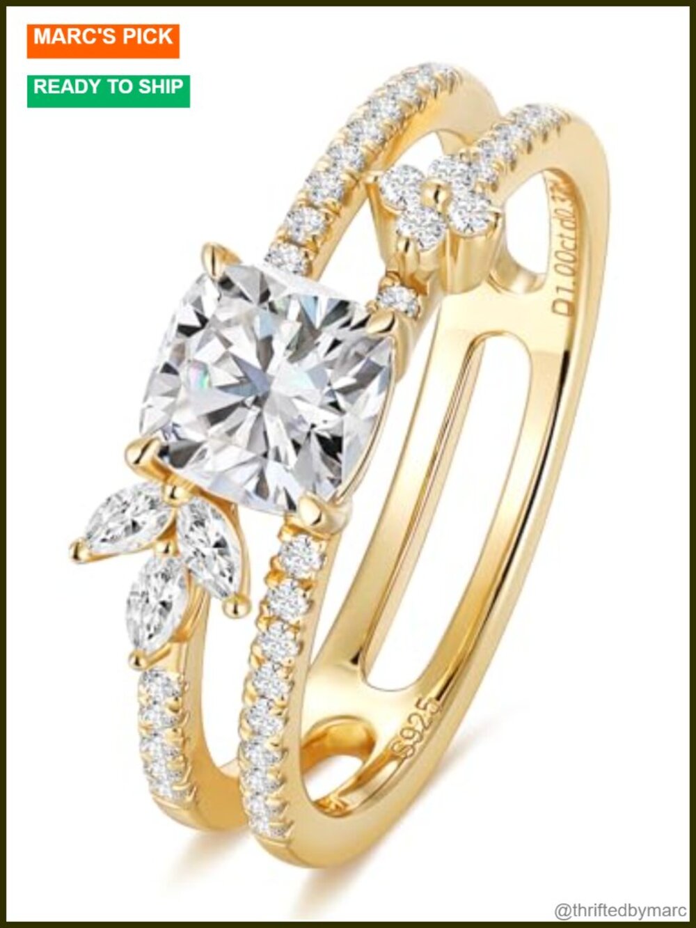 Moissanite Cluster Ring 925 Sterling Silver Yellow Gold Finish Stackable